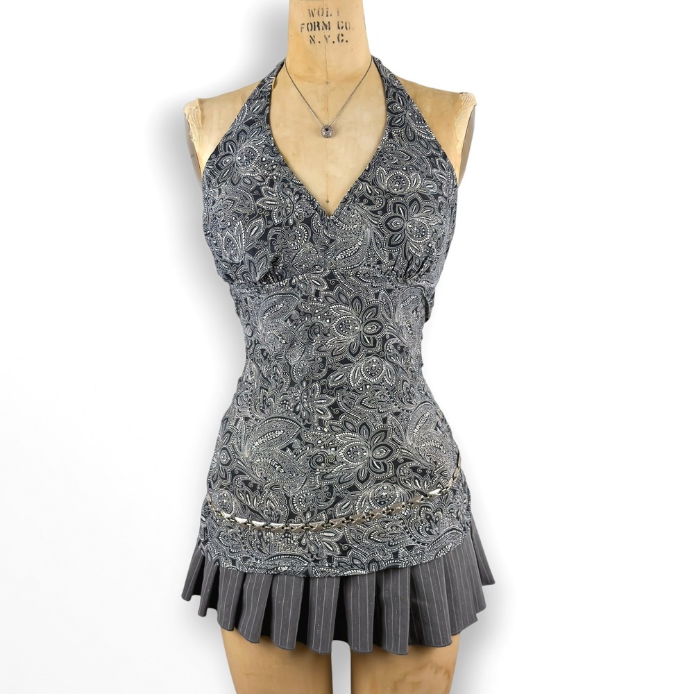 Y2K Paisley Halter Top Tie Neck Empire Waist Indie Sleaze Boho Festival Size L